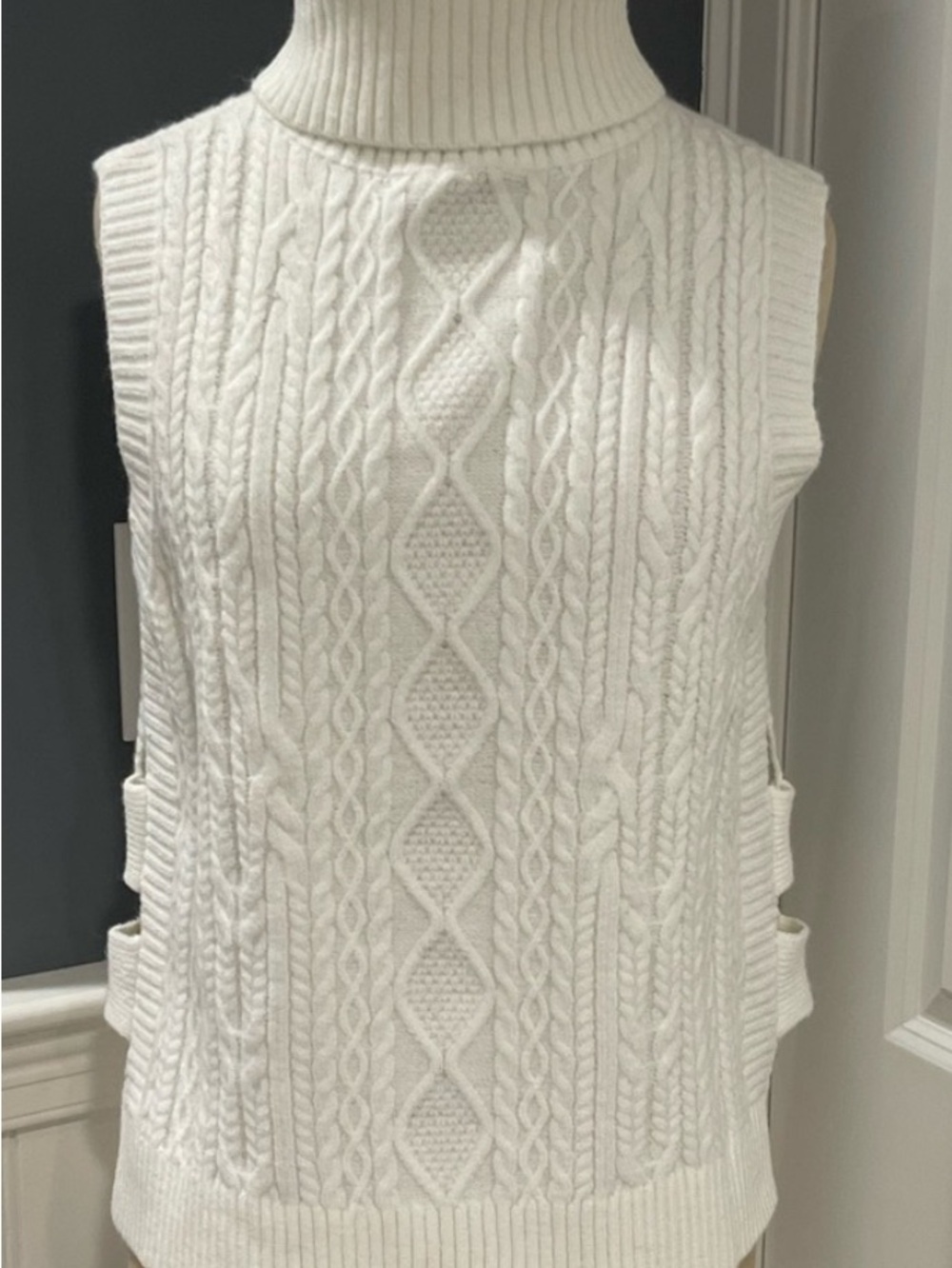 bishop + young Cream Cable Knit Sleeveless Turtleneck Sweater Vest
